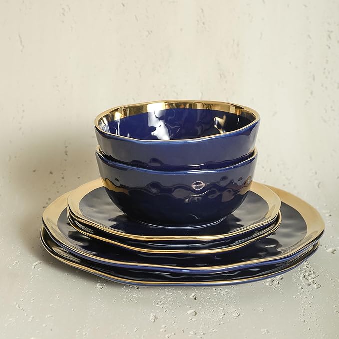 Stone Lain Porcelain 16 Piece Dinnerware Set, Service for 4, Blue and Golden Rim, Dark Blue