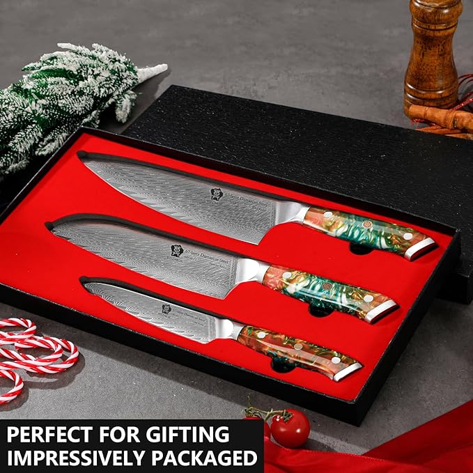 WILDMOK Damascus Kitchen Knife Set, Chef Knife Set, Sharp Damascus Steel Forged Blade Kitchen Knives Set with Ergonomic Resin Handle