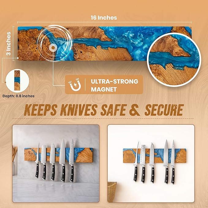 Magnetic Knife Holder for Wall 16 Inch |Premium Wood & Blue Resin| Epoxy Knife Magnetic Strip, Kitchen Knife Block Holder with Strong Magnet, Space-Saving, Handcrafted Style & Easy to Install