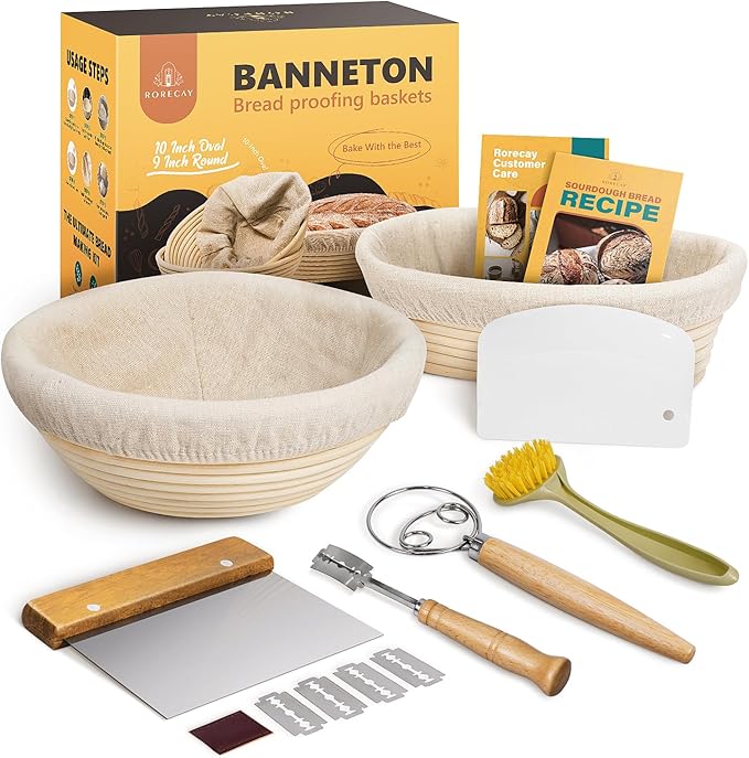rorecay Banneton Bread Proofing Basket Sourdough Bread Baking Supplies, 9 Inch Round + 10 Inch Oval Proofing Bowls with Dough Whisk Bread Lame Dough Scraper Bread Making Tools and Accessories Set