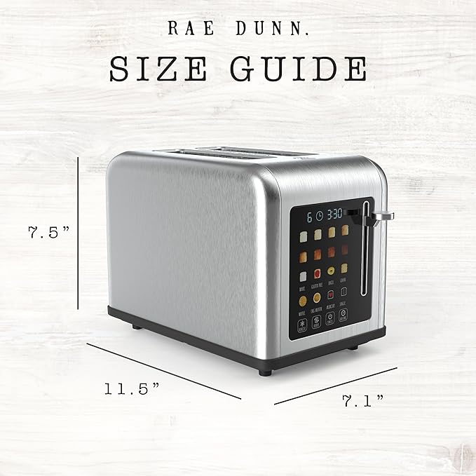 Rae Dunn 2 Slice Smart Toaster, Digital Display, Wide Slots, 8 Browning Levels, 6 Bread Types, 4 Functions (Defrost, Reheat, Cancel, Add Time), 825W Stainless Steel