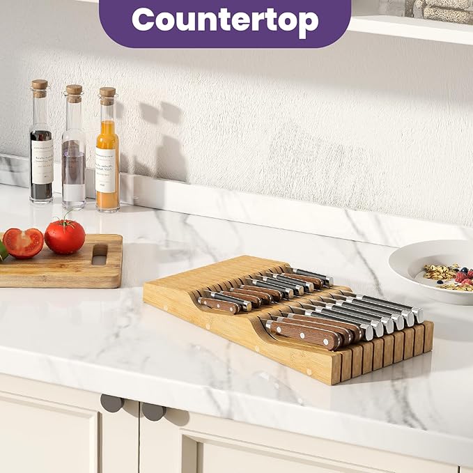 Bamboo In-Drawer Knife Block for 19 Knives(Not Included), Knife Drawer Organizer,Knife Holder Countertop,Block Knife Storage Organizer for Kitchen