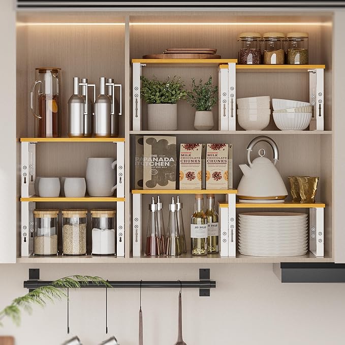 Kitchen Cabinet Organization Shelf，Set of 2 Height Adjustable Storage Racks，Stackable，Expandable，Countertop Shelves Organizer，Pantry Shelving