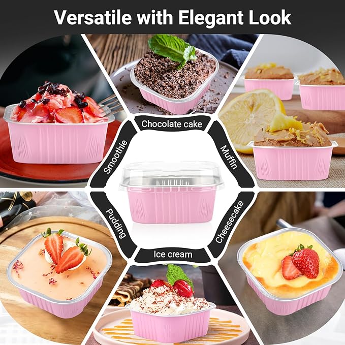 EUSOAR Aluminum Foil Baking Cups with Lids, 10oz 100pcs Creme Brulee Ramekins Disposable, Muffin Cups for Baking, Mini Cake loaf Bread Containers Pans Flan with Lids for Party Favor Birthday