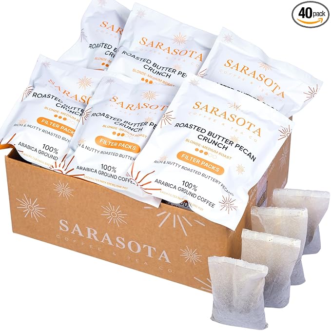 Ground Flavored Coffee In Filter Packs | Medium Roast Low Acid Mold Free Pouches | Bulk Packets | Roasted Butter Pecan Crunch | Gourmet Individual Premeasured Coffee Bags for 10-12 Cup Drip Maker