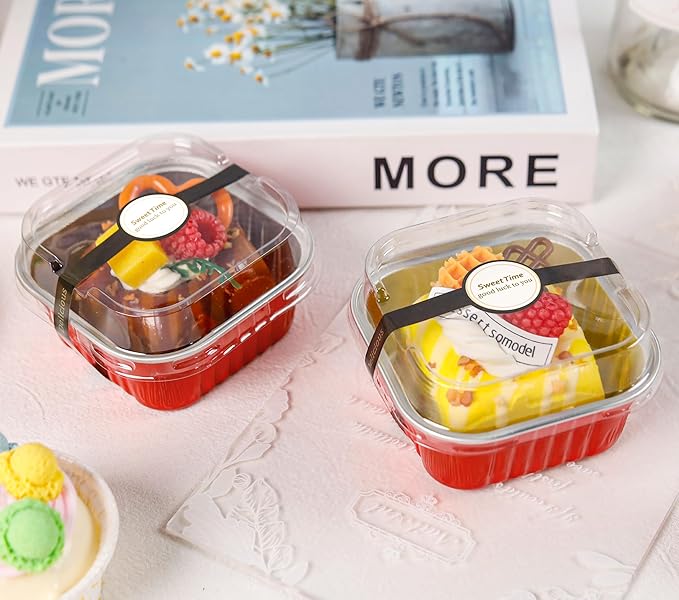 50 Pcs Mini Square Baking Cups with Lids and Spoons Aluminum Foil Mini Cake Pans with Lids Disposable Ramekins Cake Pans Dessert Cups for Wedding Birthday Party(Red,5oz)