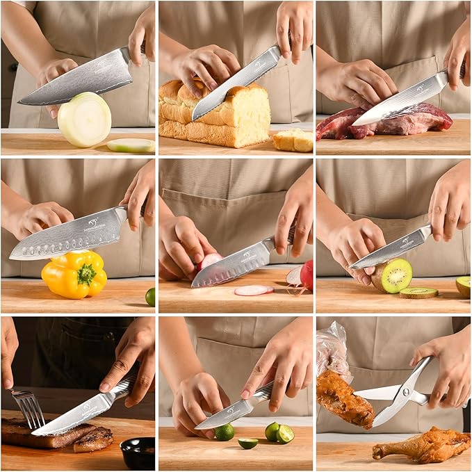 NANFANG BROTHERS® 16 Pieces Damascus Kitchen Knife Set, High Carbon Damascus Steel Chef Knife Set, Stainless Steel Ergonomic Handle for Chef, with Built-in Sharpening Rod