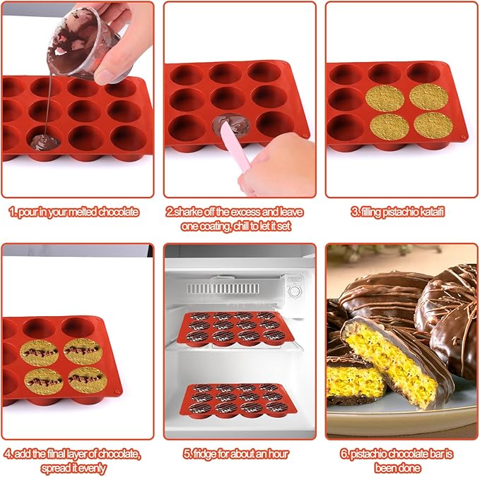 Mity Rain Silicone Chocolate Bar Molds - Round, Fix Pistachio Cream Filling, Dubai Candy Bar Molds with Scraper & Bags (1pc)