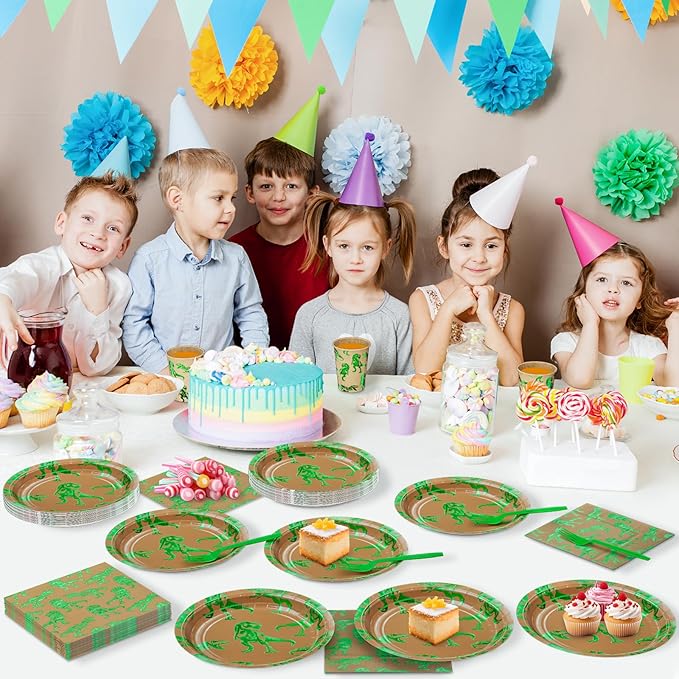 DYLIVeS Green Foil Dinosaur Birthday Party Decorations, Rawr Dinosaur Disposable Tableware Set with 9'' Dinner Plates, Napkins, Cups, Forks - Serves 24
