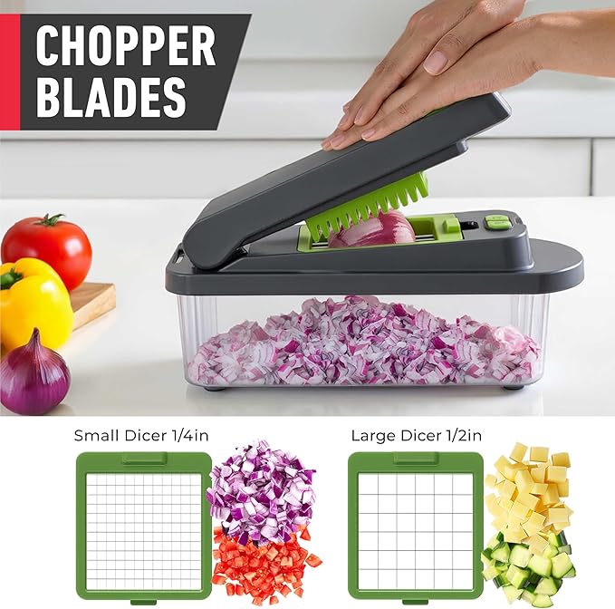 Mueller Pro-Series 10-in-1, 8 Blade Vegetable Chopper, Onion Mincer, Cutter, Dicer, Egg Slicer with Container, French Fry Cutter Potato Slicer, Home Essentials, Salad Chopper,Gray/Green