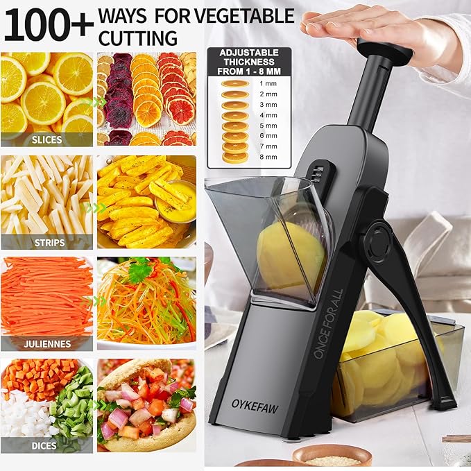 Safe Mandoline Slicer for Kitchen, 5 in 1 Vegetable Chopper, French Fry Cutter For Potatoes, Potato Slicer,Food Chopper,Adjustable Thickness 0.1-8 mm, With Peeler/Cleaning Brush（(BlackKnight)