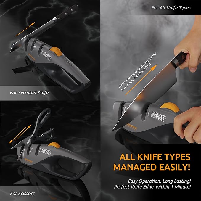 5-Angle Adjustable Knife Sharpener for Kitchen, Scissors & Pocket Knives – Precision 15°-24° Sharpening, Coarse & Fine Slots, Non-Slip Base, Ergonomic Handle, Safe & Easy to Use