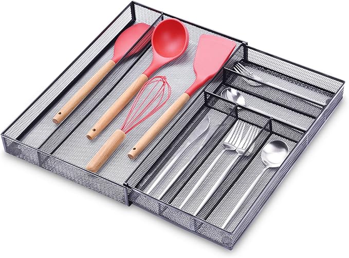 WuGeShop Expandable Mesh Silverware Drawer Organizer, Adjustable Metal Kitchen Cutlery Tray, Flatware Utensil Organizer with Non-slip Rubber Feet (Black, 7 Compartments)