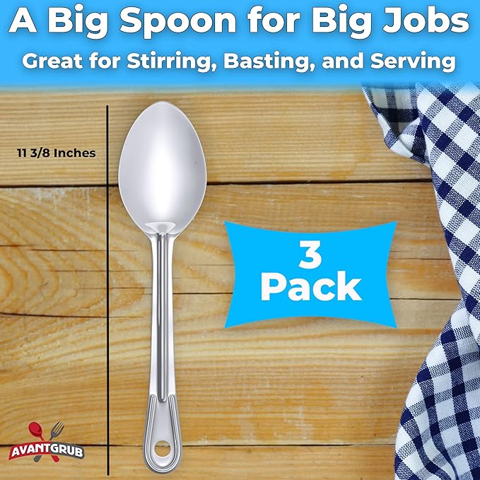 Super Strong, Ergonomic 11 in Serving Spoon 3 Pk. Big, Stainless Steel Spoons for Cooking, Baking, Stirring and Basting. Best Kitchen Flatware for Buffet and Banquet Service in Restaurants and at Home