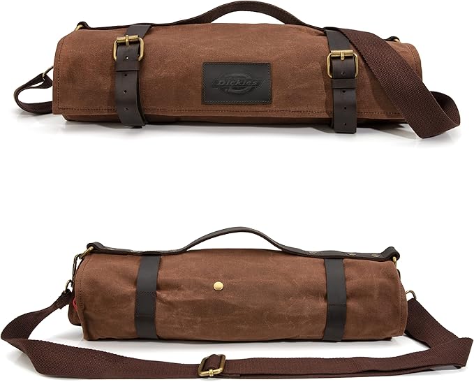 Dickies Chef Knife Roll Bag Portable Organizer and Cutlery Storage Roll, Waxed Canvas and Leather, Medium