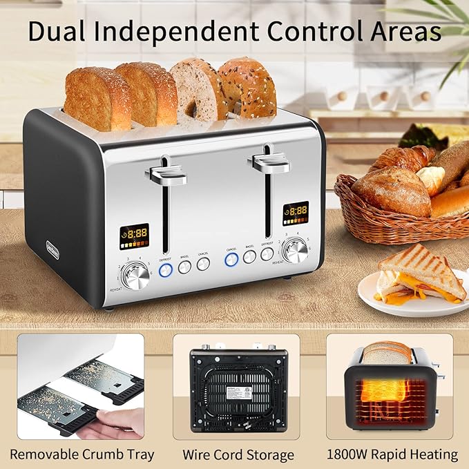 SEEDEEM 4 Slice Stainless Toaster - Color LCD Display, 7 Shade Settings, 1.5'' Wide Slots, Bagel/Defrost/Reheat Functions, Removable Crumb Tray, Dark Chocolate, 1800W
