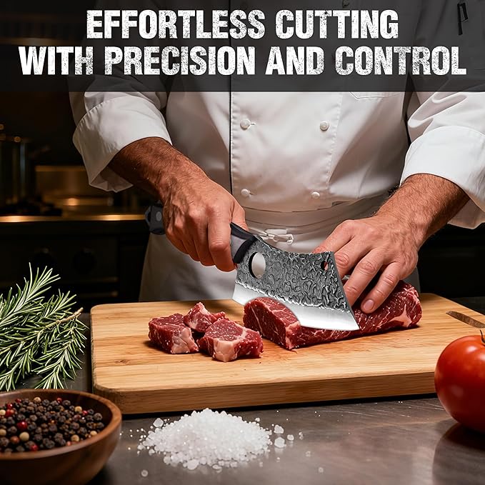 Mossy Oak Meat Cleaver Knife, Butcher Knife with Genuine Leather Sheath, Hand Forged Kitchen Knife Full Tang Handle for Meat and Vegetable Cutting, Outdoor Cooking and Camping