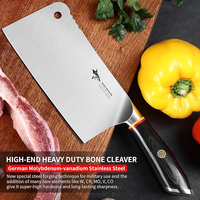 MAD SHARK Meat Cleaver, Professional 7.5 Inch Bone Chopping Butcher Knife with Heavy Duty Blade, German Military Grade Composite Steel, Chinese Chef's Bone Cutting Knife for Home Kitchen & Restaurant