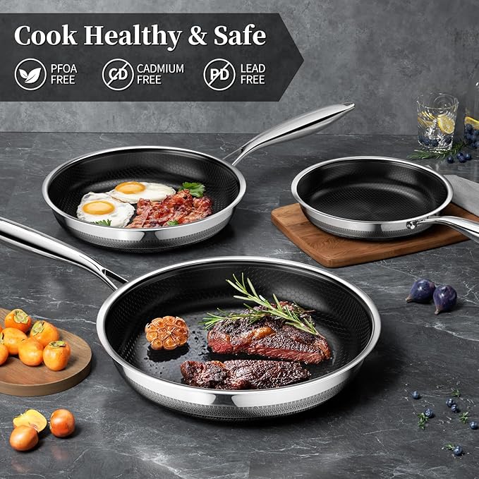 Innerwell Nonstick Frying Pans 8 Inch Hybrid Tri-Ply Stainless Steel Frying Pan Skillet Titanium Ceramic Nonstick Cooking Pan,PFAS/PFOA/PTFE Free,Compatible with All Cooktops