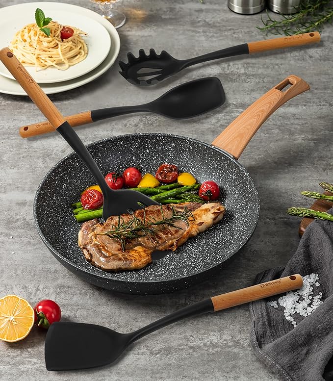 Large Silicone Kitchen Utensils Set, 6 PCS Nonstick Cooking Utensils Set with Wooden Handle, Heat Resistant and BPA Free Silicone Utensil Spatula Set for Cooking with Turner, Spoon and Ladle(Black)