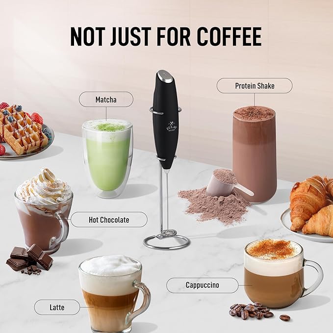 Zulay Kitchen Premium Gift Milk Frother Complete Set - Handheld Foam Maker, Stencils & Frothing Pitcher Set - Whisk Drink Mixer for Coffee - Mini Blender for Cappuccino, Frappe - Black