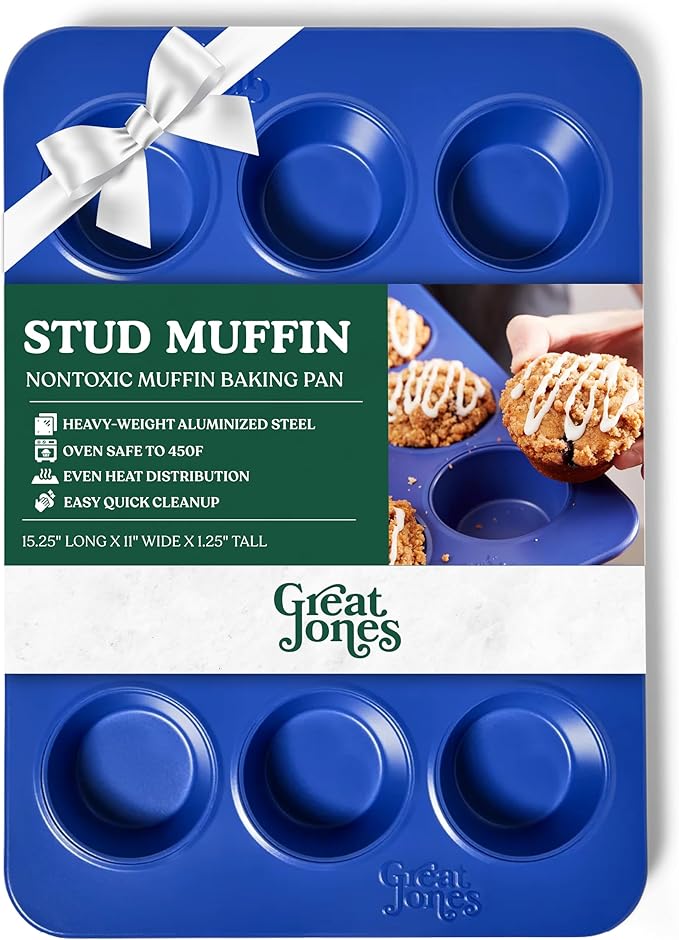 Great Jones Stud Muffin (Blueberry) | Nonstick 12-Cup Muffin Pan | Dual-Layer Nonstick Coating | Chemical-Free & Nontoxic | Oven-Safe to 450°F | Warp-Resistant & Easy Cleanup