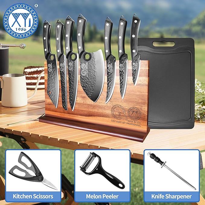 XYJ Kitchen Knife Set with Magnetic Knife Block,Cutting Board,Scissors,Honing Steel,Professional Knife Block Set,High Carbon Steel Blade,Meat Cleaver,Full Tang,Wood Handle