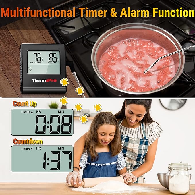 ThermoPro TP16 Large LCD Digital Meat Thermometer for Cooking, Smoking, Grilling, BBQ Food Temperature Indicator with Clock Timer and Stainless Steel Probe, Black