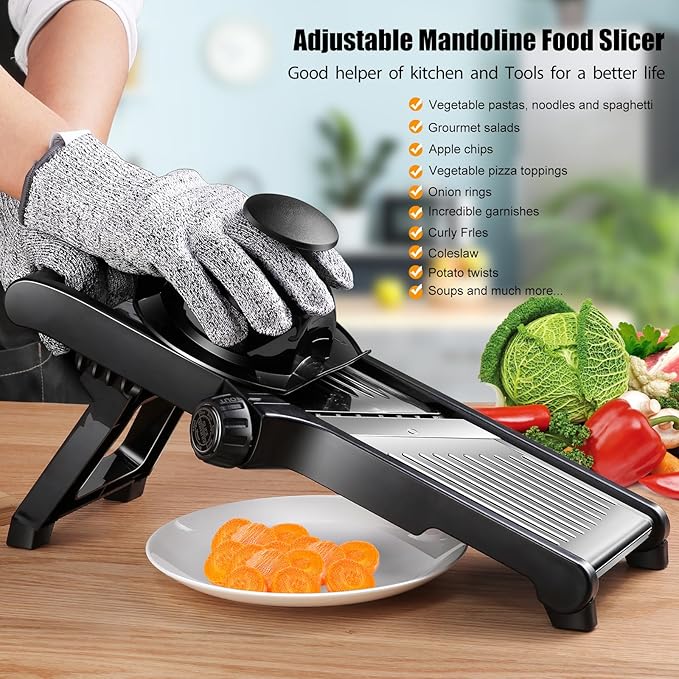 MASTERTOP Mandoline Slicer Adjustable Stainless Steel Food Slicer for Kitchen Vegetable Onion Potato Fruit French Fry Cutter Potato Chip Julienne Slicers with Cut Resistant Gloves