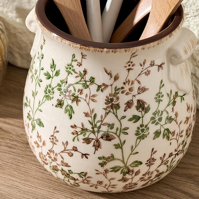 Utensil Holder for Kitchen Counter, Modern Farmhouse Rustic Cooking Utensil Holder and Crock, Exquisite Chinoiserie Floral Ceramic Utensil Organizer for Home Kitchen Decor- Green and Beige