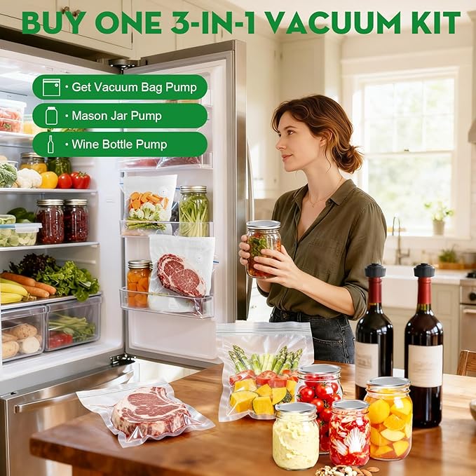 3-in-1 Vacuum Sealer for Food Compatible with Vacuum Bag, Mason Jar, Wine Bottle, Handheld Saver Compact Vacuum Sealer Machine with 14 Reusable Bags, 14 Mason Jar Lids, Wine Stopper