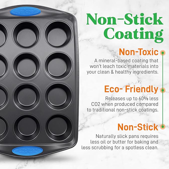 NutriChef 6-Piece Baking Pan Set - Carbon Steel Stackable Bakeware with Blue Silicone Handles & Nonstick Coating, Includes Cookie Sheets, Roaster Pan with Lid, Loaf Pan, and 12 Cup Muffin Pan (Gray)