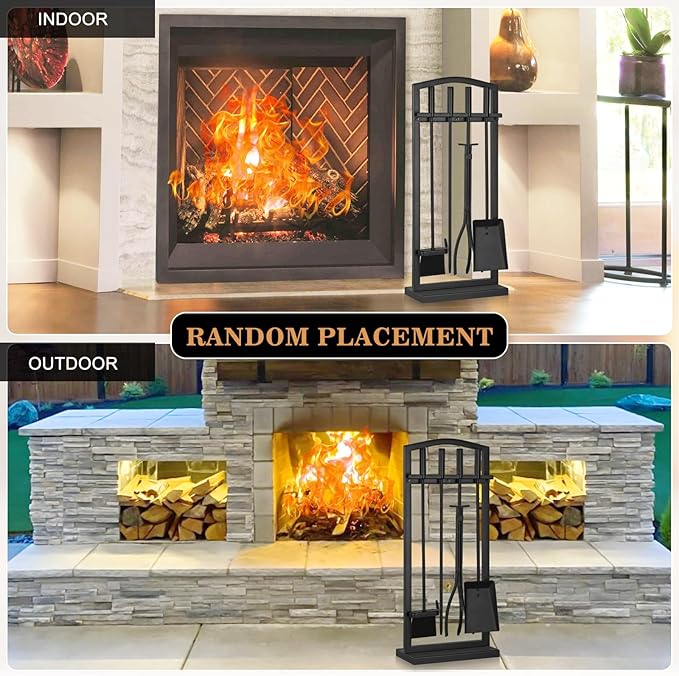 Gtongoko 29 Inch 5 Pieces Fireplace Tools Set with Stand, Outdoor Fire Tools for Fireplace with Poker, Shovel, Brush, Tong and Base, Fireplace Accessories Fire Place Set Tools, Black