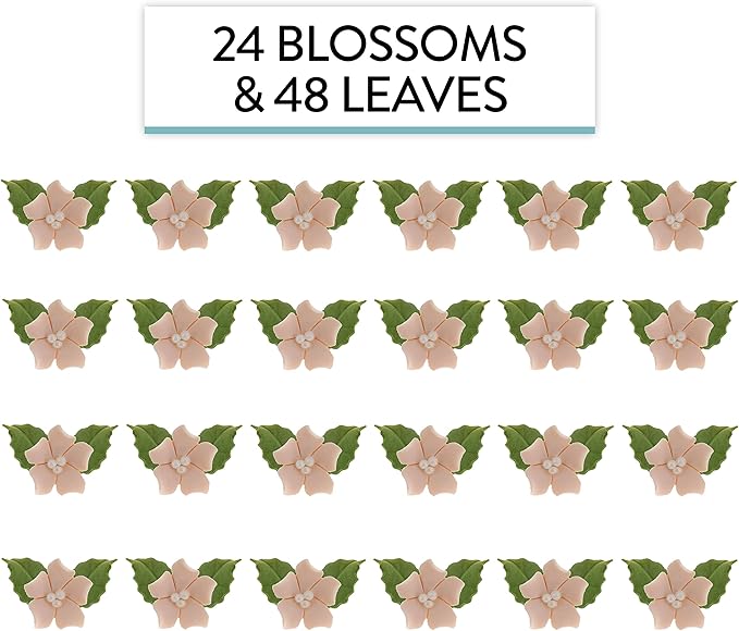 Global Sugar Art Blossoms and Leaves Edible Sugar Cake & Cupcake Flowers, Peach, Small Unwired, 24 Count with leaves by Chef Alan Tetreault