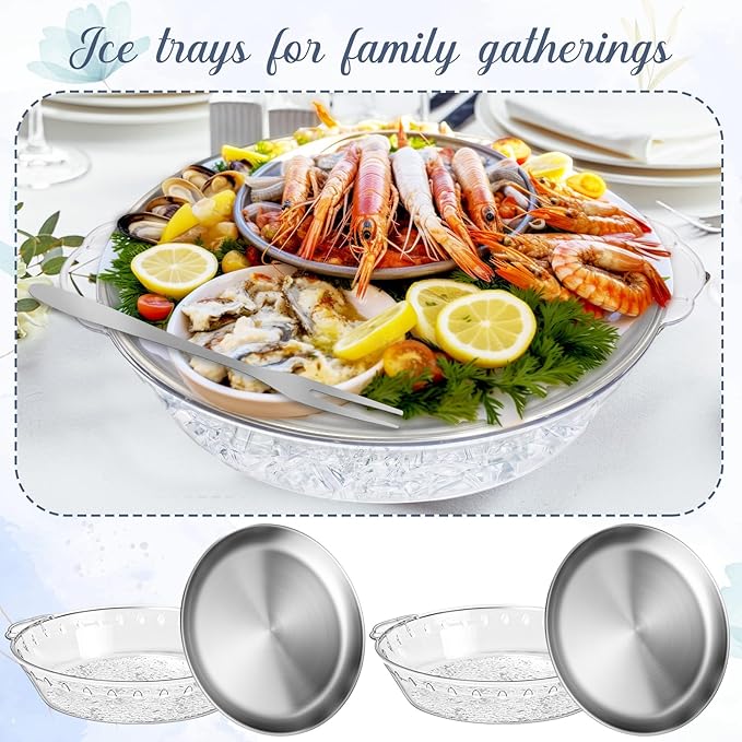 Baderke 2 Sets 11.8" Chilled Serving Tray for Parties Round Iced Platter with Ice Underneath Stainless Steel Clip Fruit Fork Shrimp Cocktail Serving Dish for Oysters Crawfish Fruits (Original)