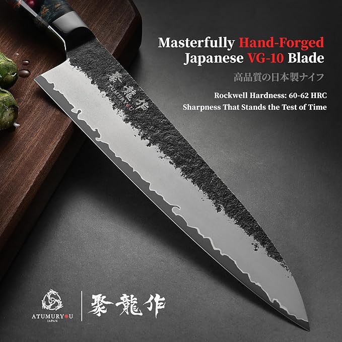 Japanese Chef Knife, 8 Inch Hand Forged Kitchen Knives with VG10 Steel, Professional Gyuto Knife for Home & Restaurant, Sanmai Chefs Knives with Ergonomic Red Handle, Cooking Gifts for Men Women