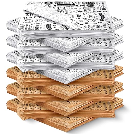 1400 Pcs 12 x 12 Inch Deli Wax Paper Sheets Grease Resistant Tray Basket Liners Newsprint Paper Water and Grease Proof Sandwich Wrapping Square Hot Dog Wrappers for Food Baking (Brown,White)
