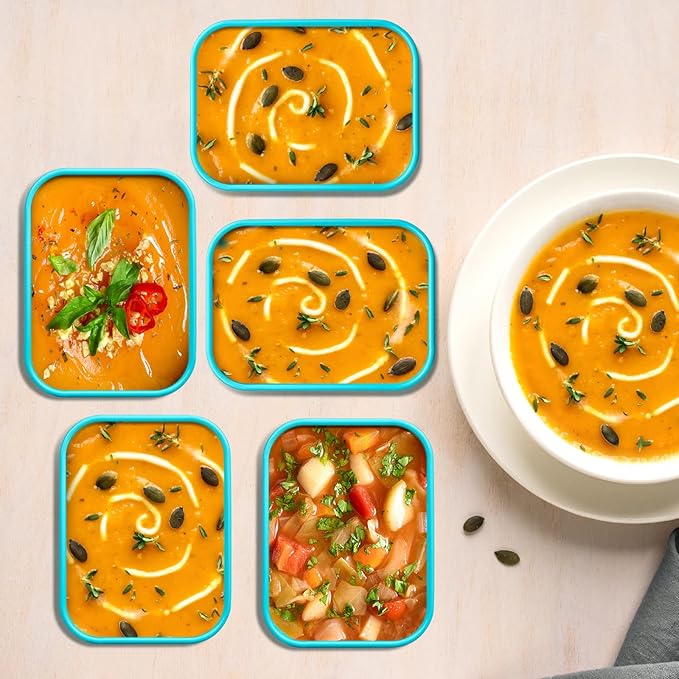 Nuogo 8 Pcs 6 Cup Silicone Freezer Trays with Lid Soup Containers Reusable Freezer Silicone Molds Rectangle Containers Ice Trays for Sauces Stews Curries, Lake Blue