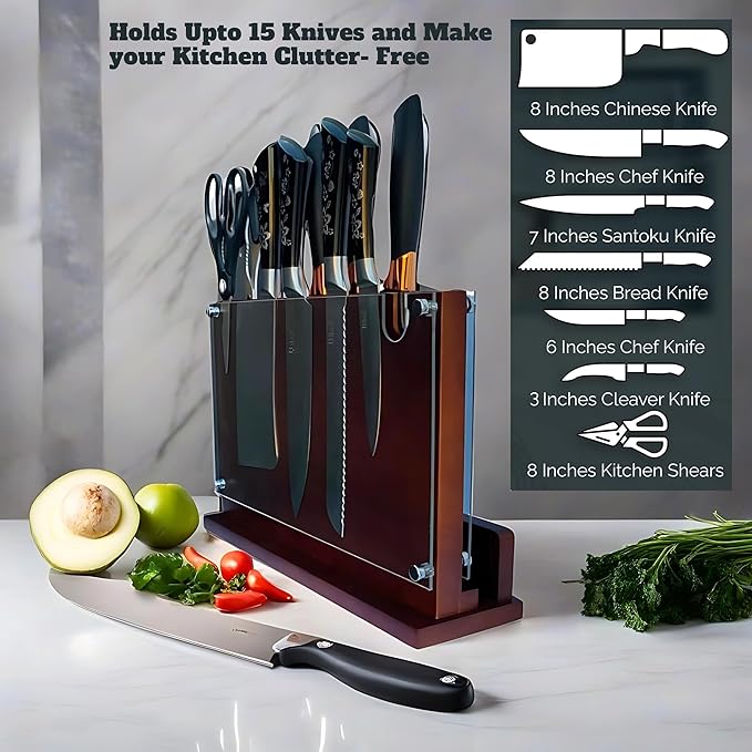 Magnetic Knife Holder Stand 14 x 10 Inches Extra Large Size with Knife Sharpener Wooden Double Sided Magnetic Knife Block Rack for Kitchen Counter with Cutting Board Slot & Acrylic, Sturdy & Durable