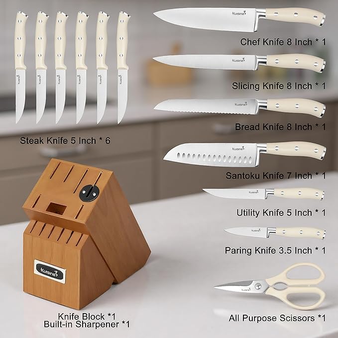 Kuisine Kitchen Chef Knife Set Upgraded,High Carbon Stainless Steel Ultra Sharp Blade Ergonomic Handle,Knife Block Set with Built-in Sharpener,Elegant Gift for Holiday(Acacia Ivory,15PCS)