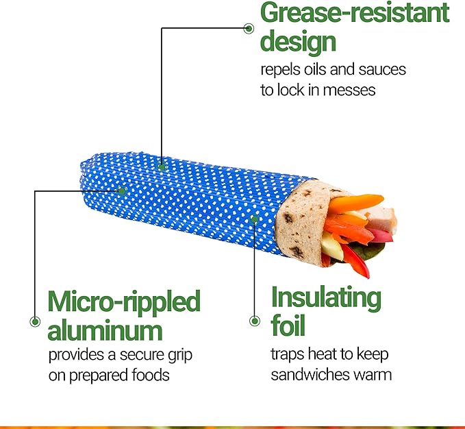 Restaurantware 12" x 12" Rippled Aluminum Foil Food Wrap and Fry Basket Liner: Perfect for Restaurant Take Out Bakeries and Food Trucks - Royal Blue Polka Dot Foil Sandwich Wraps - 500-CT