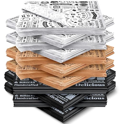 Outus 600 Pcs 12 x 12 Inch Deli Wax Paper Sheets Grease Resistant Tray Basket Liners Newsprint Paper Water and Grease Proof Sandwich Wrapping Square Hot Dog Wrapper for Food (White,Black,Brown)