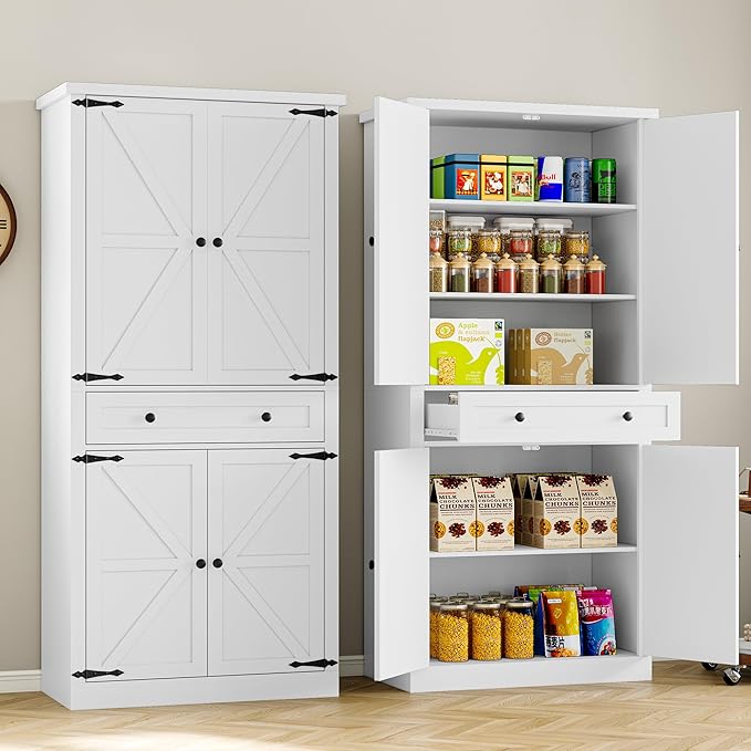 Pantry Organizers and Storage Cabinet, 70” Barn Door White Kitchen Cabinet with Drawers and Adjustable Shelf, Tall Pantry for Kitchen, Dining Room, Living Room Bedroom