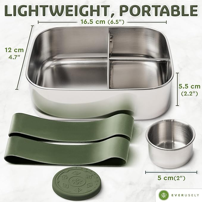 Everusely - Bento Box - Sage, 27oz / 0.8 L - Stainless Steel Lunch Box with Leakproof Condiment Container - 3 Compartment Snack Organizer for On the Go Meals - Freezer & Dishwasher Safe