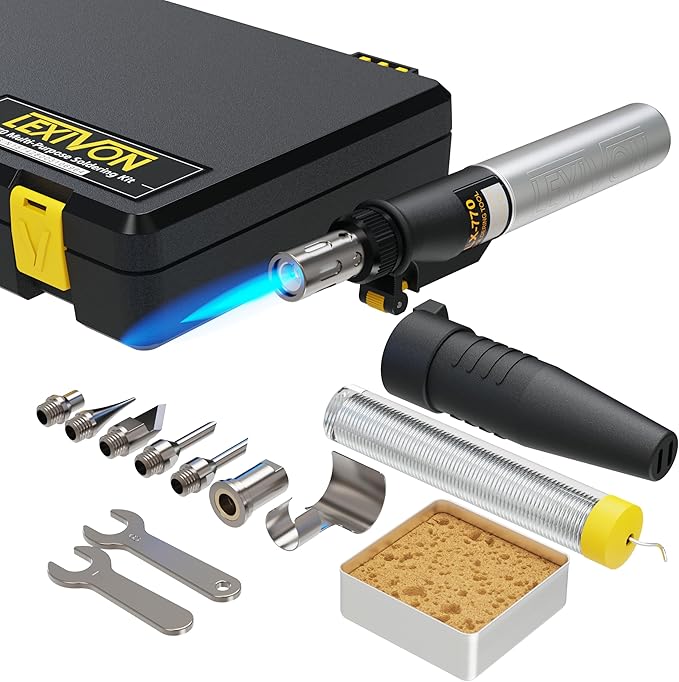 LEXIVON Butane Soldering Iron Multi-Purpose Kit | Cordless Self-Igniting Adjustable Flame 7-Tip Set | Pro Grade 125-Watt Equivalent (LX-770)