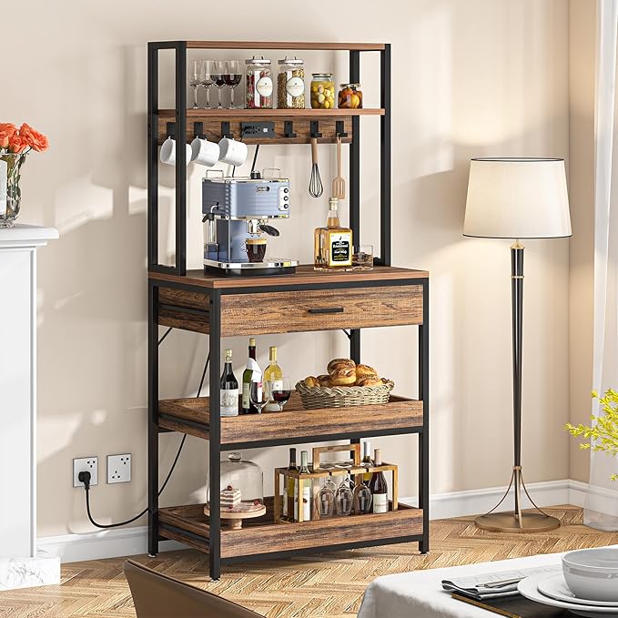 Tribesigns Kitchen Bakers Rack with Power Outlets, 5-Tier Microwave Oven Stand with Drawer and Sliding Shelves, Freestanding Coffee Bar, Kitchen Storage Shelf with 6 Hooks, Rustic Brown