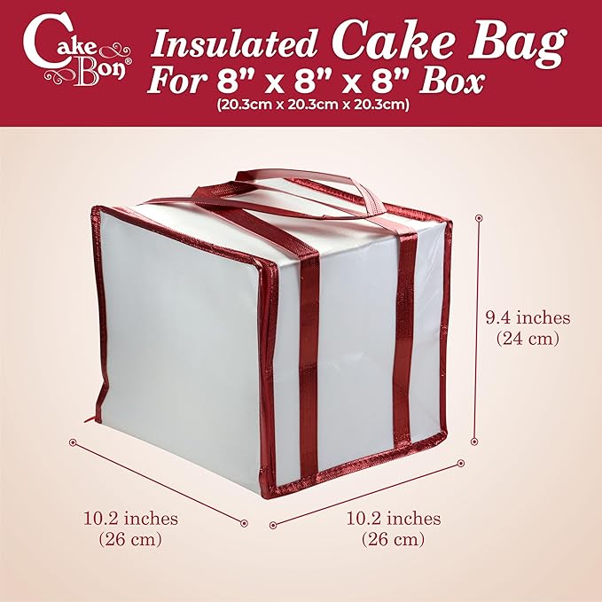 Cakebon Cake Box and Boards, 8-Inch Round Silver Smooth Edges 1/2- Inch Thick Drums with Insulated Bag and Ice Pack – Cake Transport Set, Cooler for Cake Delivery and Transport (1pc Each, 4pcs Total)