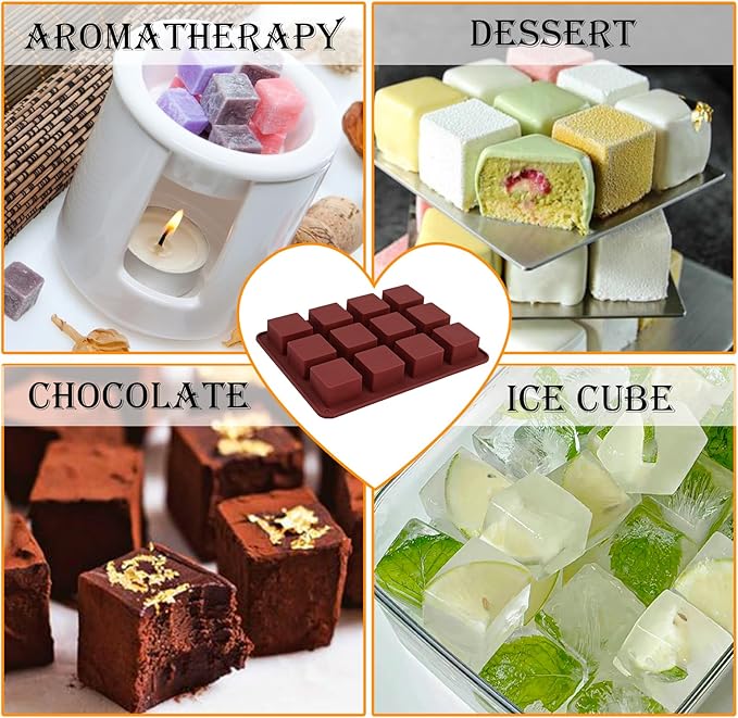 Wax Melts Molds Silicone, 3 Pcs 12-Cavities Square Silicone Mold for Scented Wax Melts, Chocolate Truffles, Candy, Jelly, Ice Cube Tray