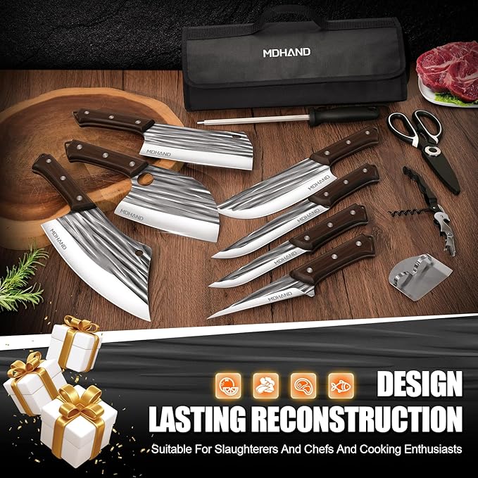 MDHAND 14PCS Professional Butcher Knife Set with Roll Bag, Hand Forged Serbian Chef Knife Set, Heavy Duty Meat Cleaver Knives, Boning Knife, Meat Cutting Knife for Kitchen, Gift for Men, BBQ, Camping