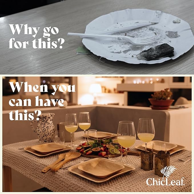 Chic Leaf Palm Leaf Plates Disposable Inch Square Pack Compostable Biodegradable & Eco Friendly Plates - Microwave Safe Disposable (10'' - 25 Pack)